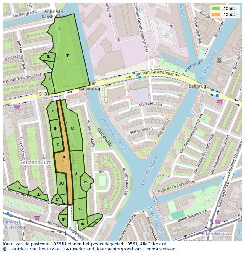 Afbeelding van het postcodegebied 1056 JH op de kaart.