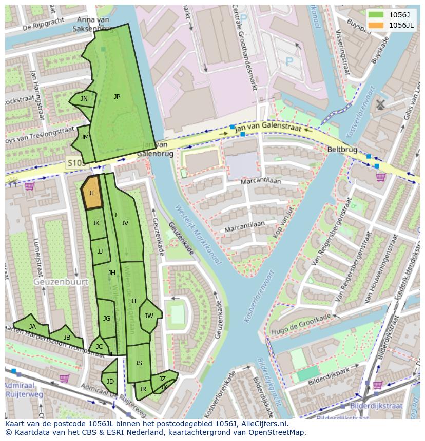 Afbeelding van het postcodegebied 1056 JL op de kaart.