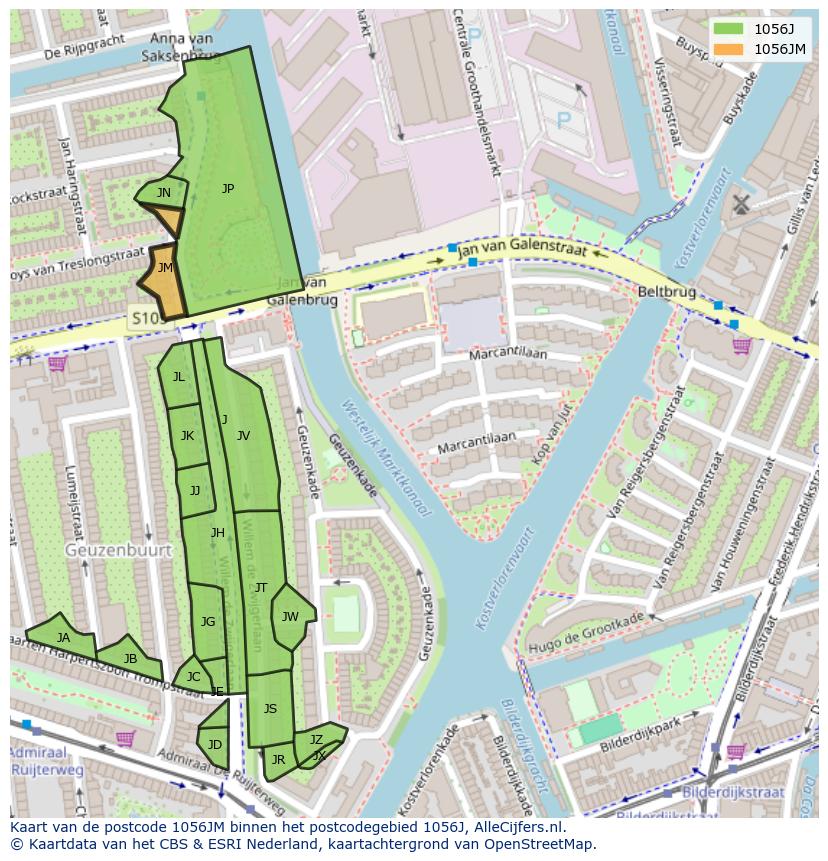 Afbeelding van het postcodegebied 1056 JM op de kaart.