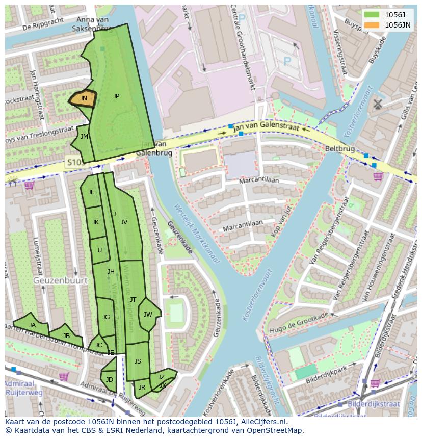 Afbeelding van het postcodegebied 1056 JN op de kaart.