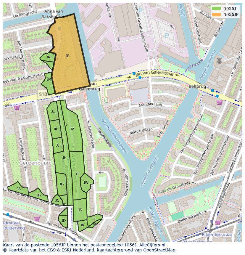 Afbeelding van het postcodegebied 1056 JP op de kaart.