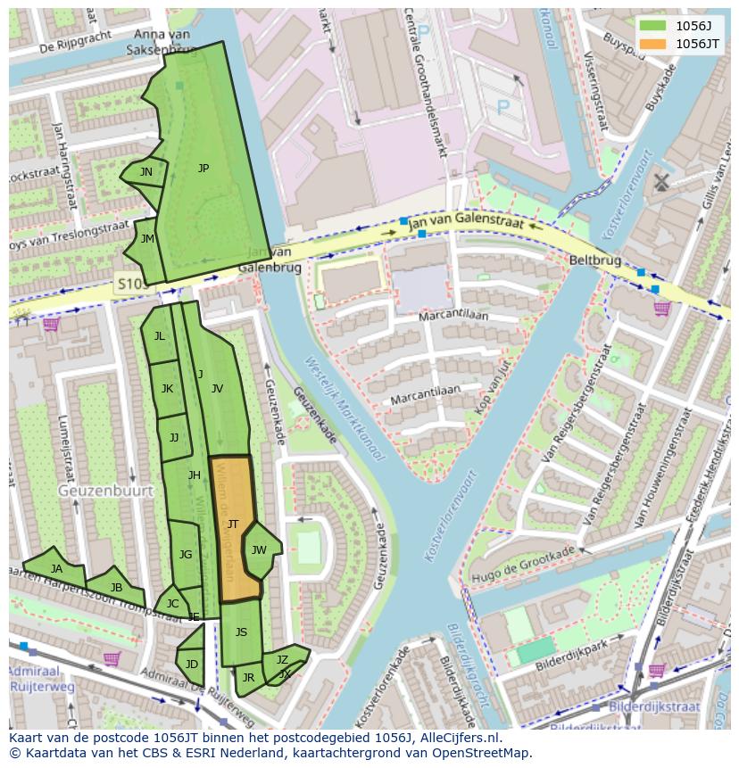 Afbeelding van het postcodegebied 1056 JT op de kaart.