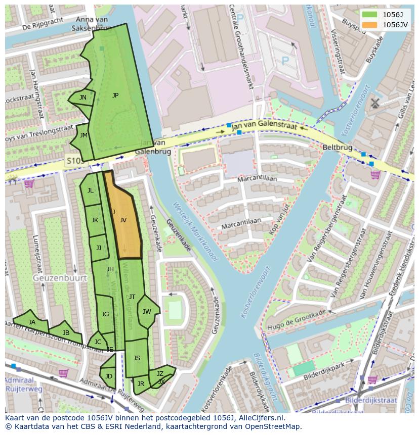 Afbeelding van het postcodegebied 1056 JV op de kaart.