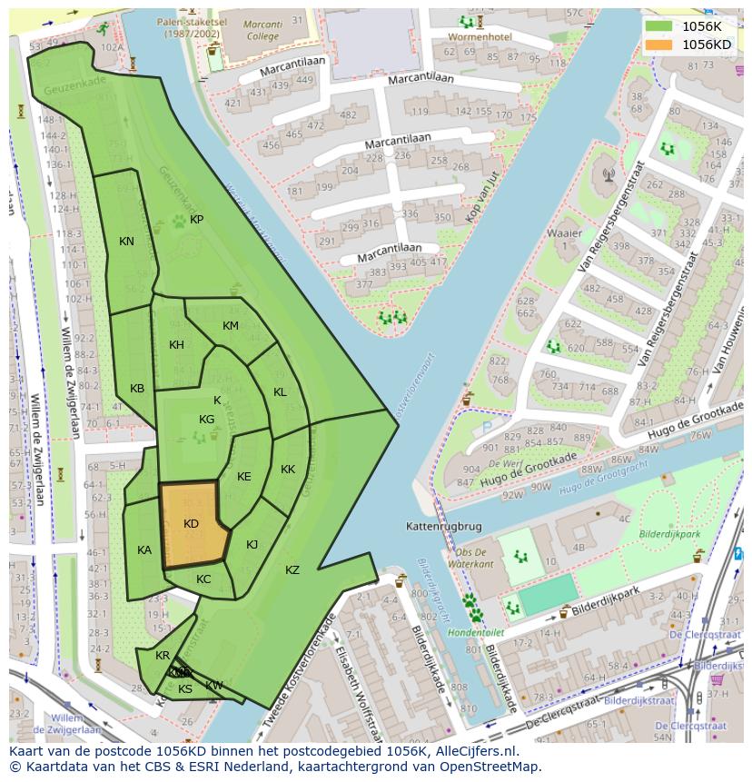 Afbeelding van het postcodegebied 1056 KD op de kaart.