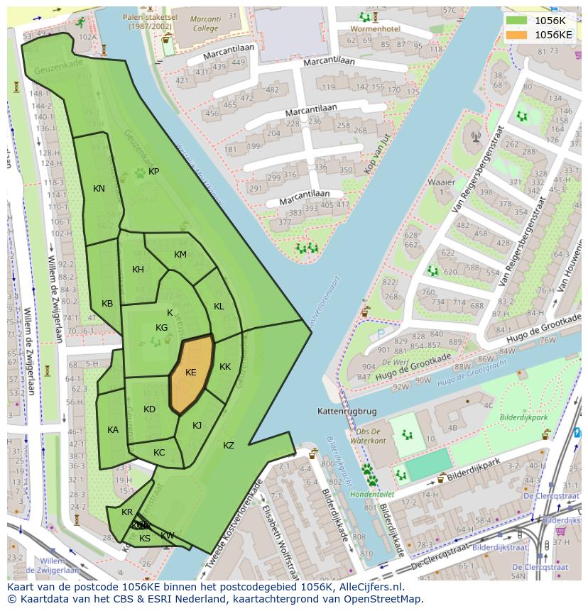 Afbeelding van het postcodegebied 1056 KE op de kaart.