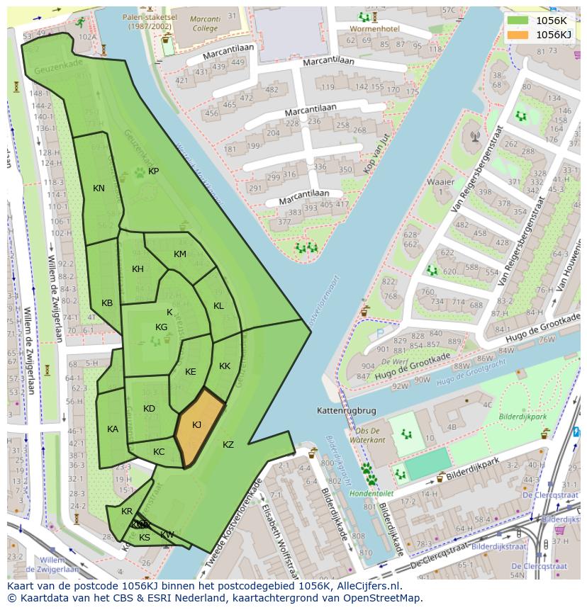 Afbeelding van het postcodegebied 1056 KJ op de kaart.