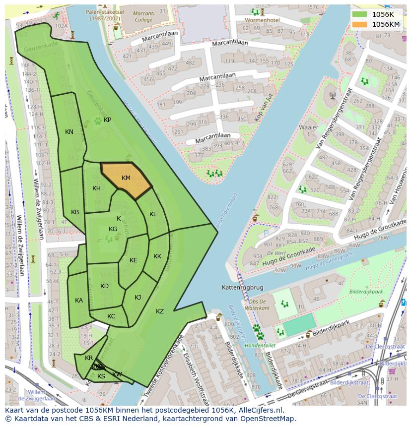 Afbeelding van het postcodegebied 1056 KM op de kaart.