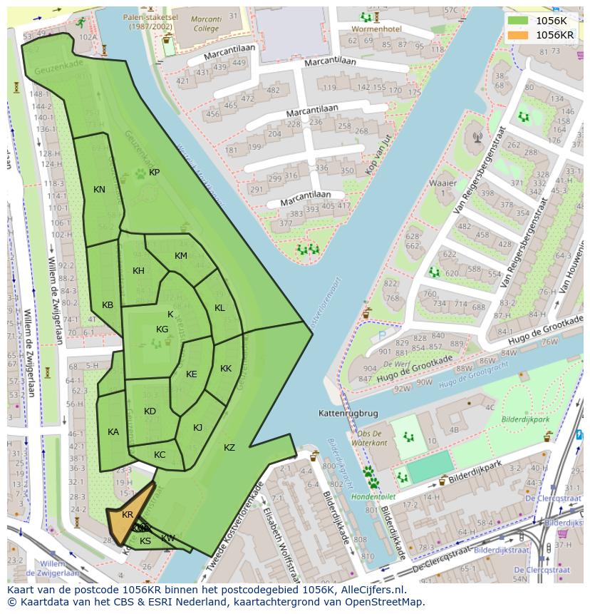 Afbeelding van het postcodegebied 1056 KR op de kaart.