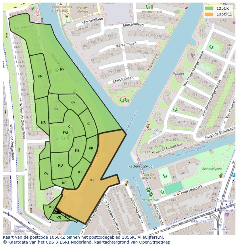 Afbeelding van het postcodegebied 1056 KZ op de kaart.