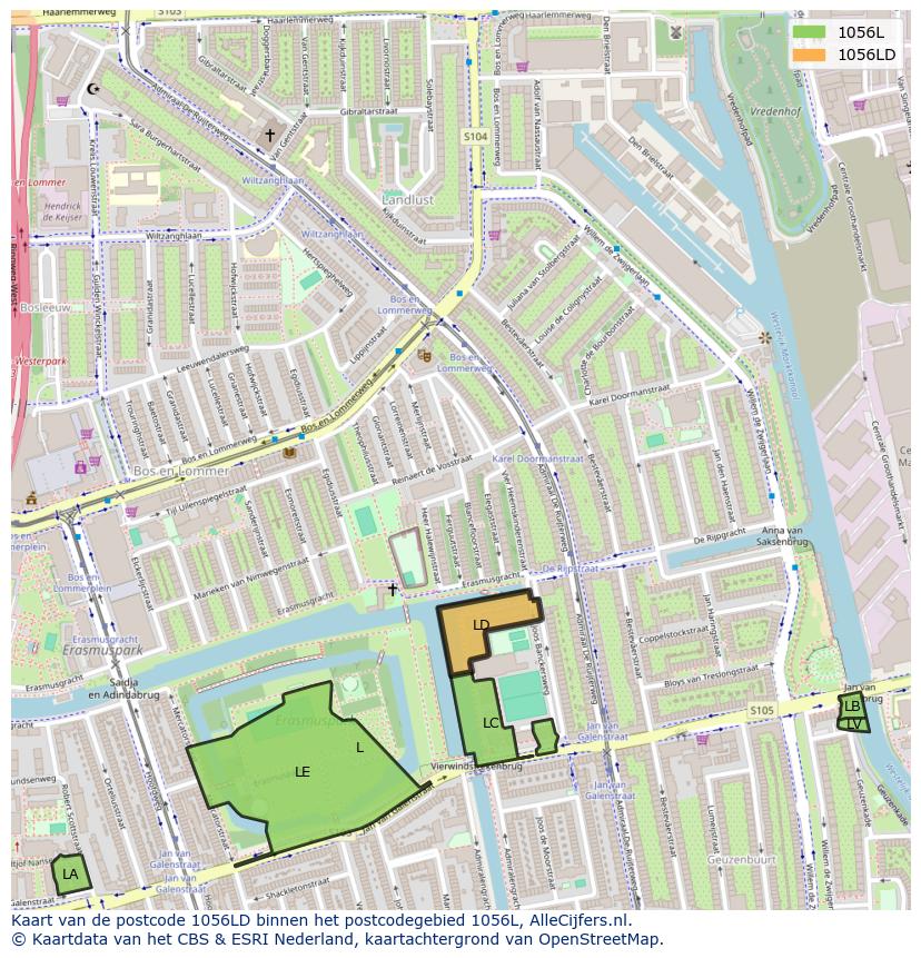 Afbeelding van het postcodegebied 1056 LD op de kaart.