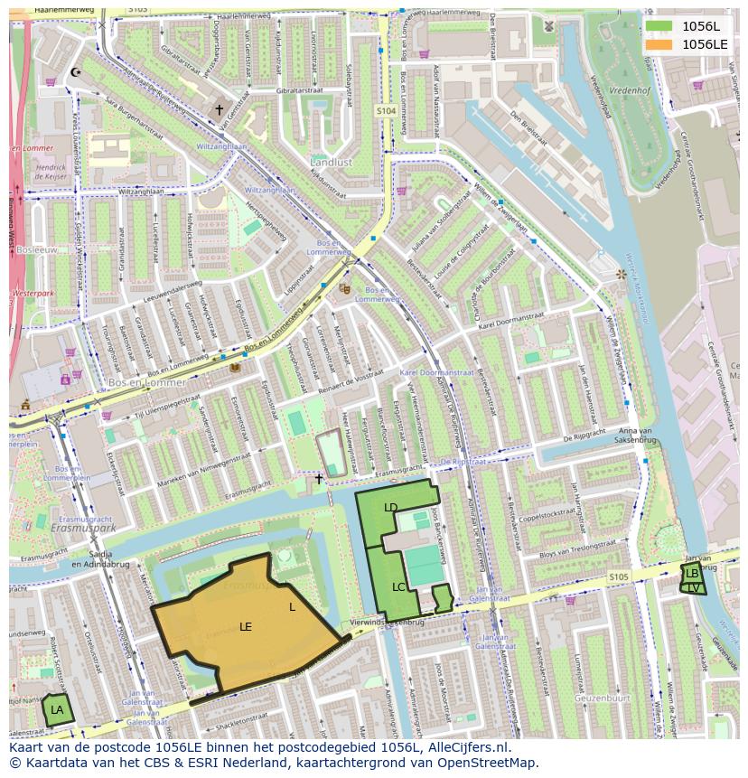 Afbeelding van het postcodegebied 1056 LE op de kaart.