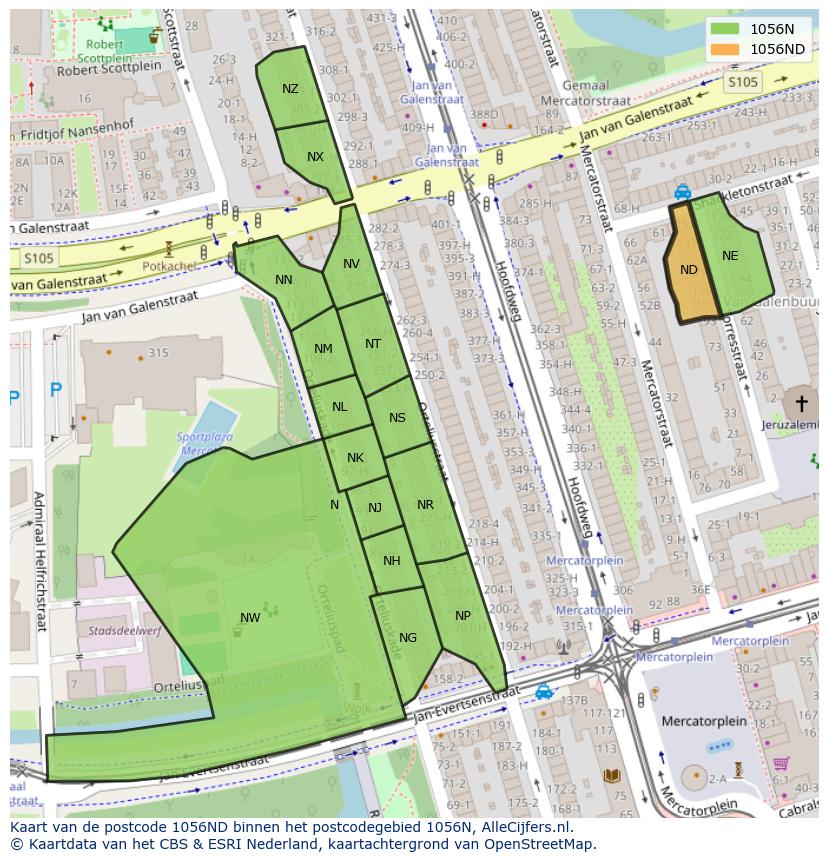 Afbeelding van het postcodegebied 1056 ND op de kaart.