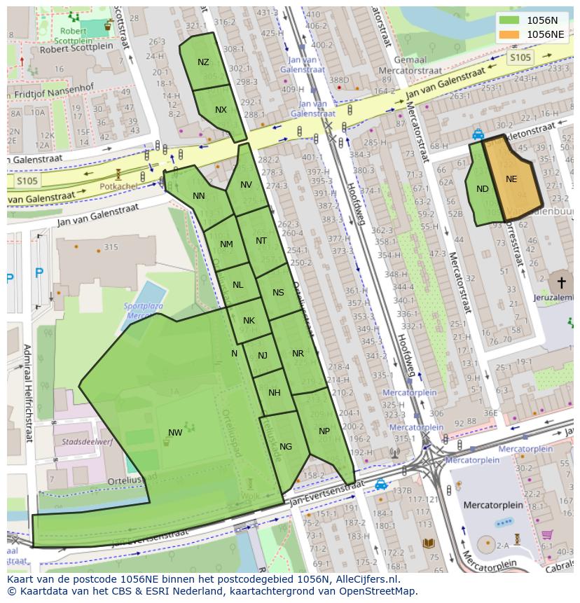 Afbeelding van het postcodegebied 1056 NE op de kaart.