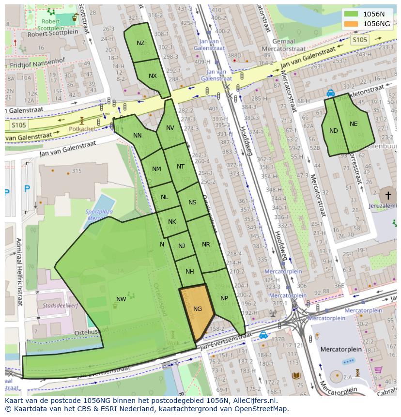 Afbeelding van het postcodegebied 1056 NG op de kaart.