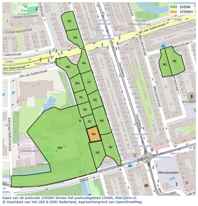 Afbeelding van het postcodegebied 1056 NH op de kaart.
