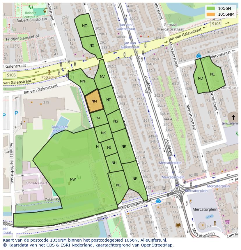 Afbeelding van het postcodegebied 1056 NM op de kaart.