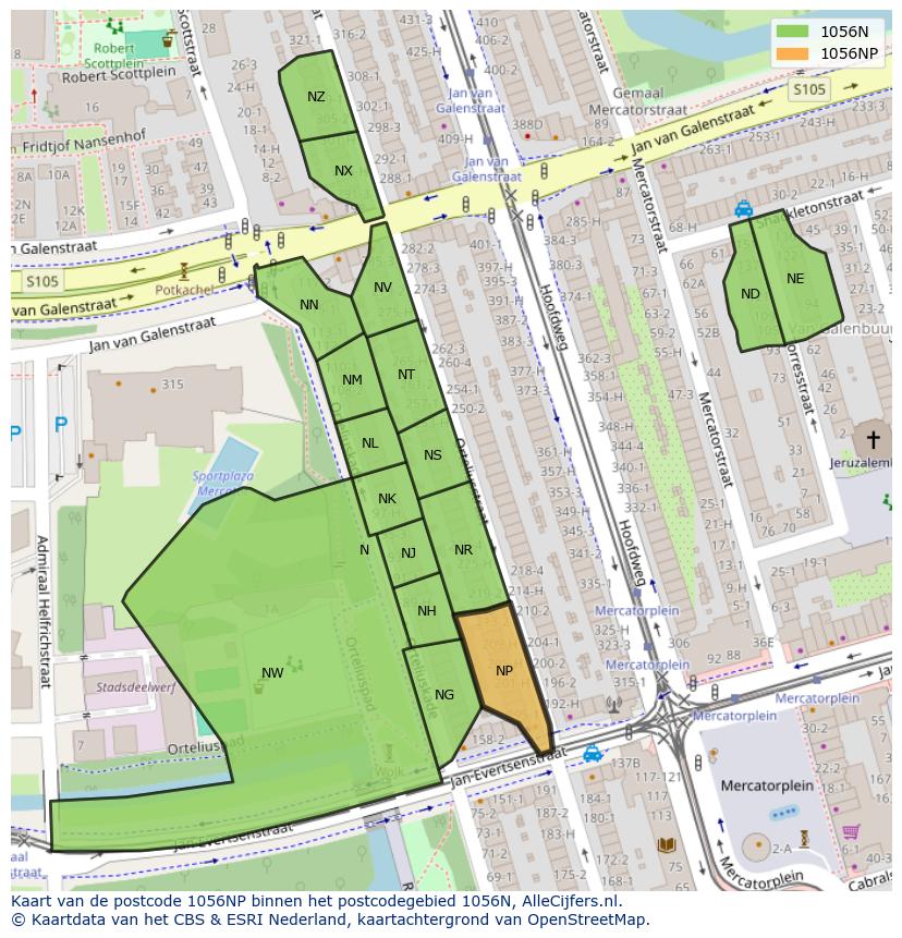 Afbeelding van het postcodegebied 1056 NP op de kaart.