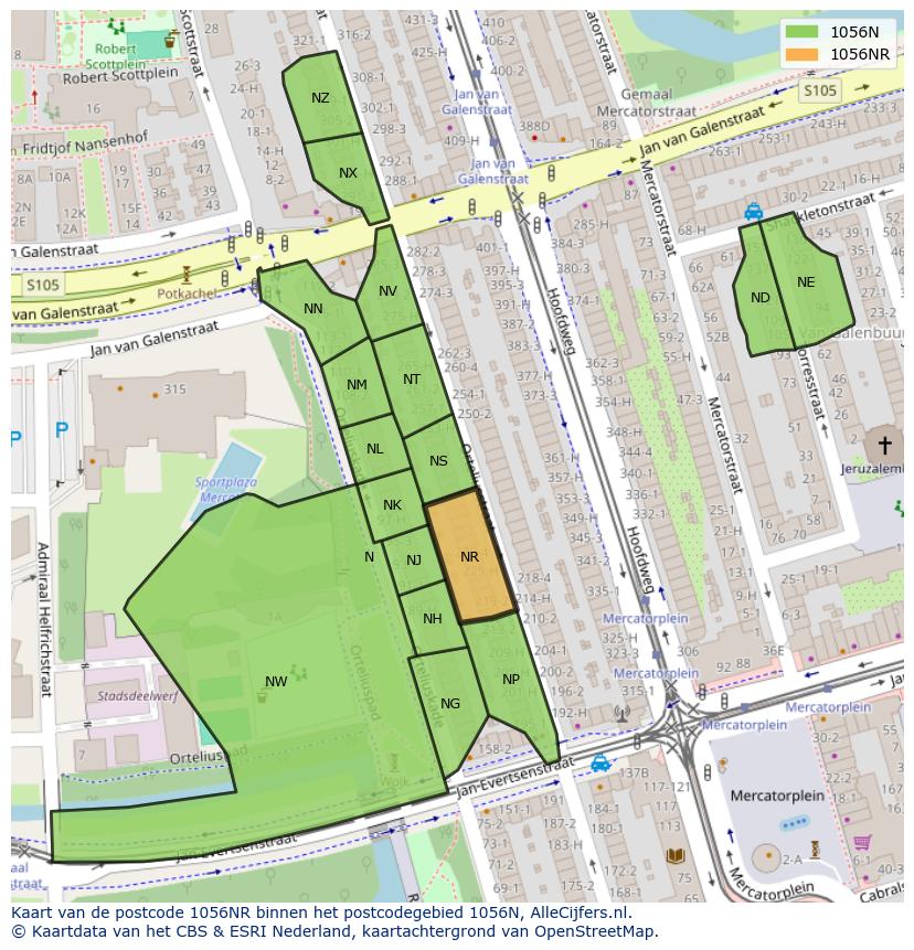 Afbeelding van het postcodegebied 1056 NR op de kaart.