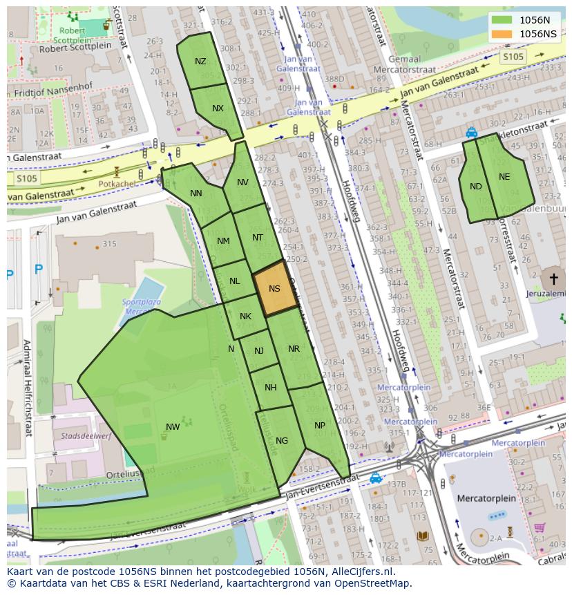 Afbeelding van het postcodegebied 1056 NS op de kaart.
