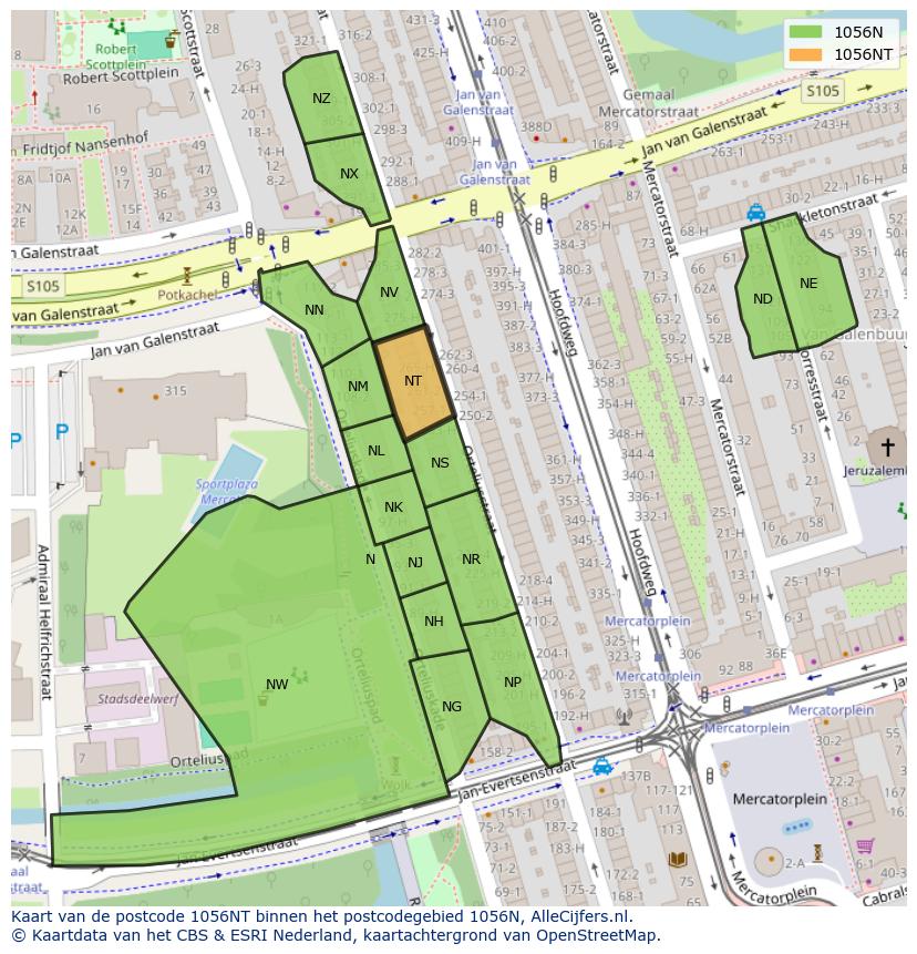 Afbeelding van het postcodegebied 1056 NT op de kaart.