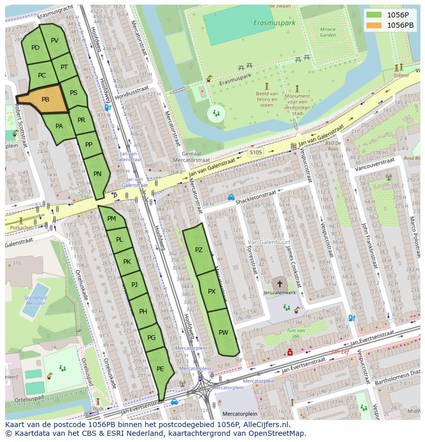 Afbeelding van het postcodegebied 1056 PB op de kaart.