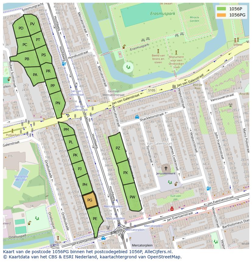 Afbeelding van het postcodegebied 1056 PG op de kaart.