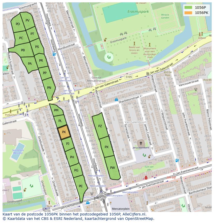 Afbeelding van het postcodegebied 1056 PK op de kaart.