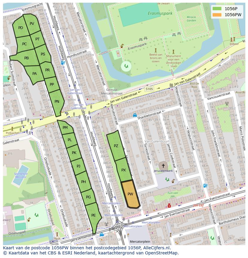 Afbeelding van het postcodegebied 1056 PW op de kaart.