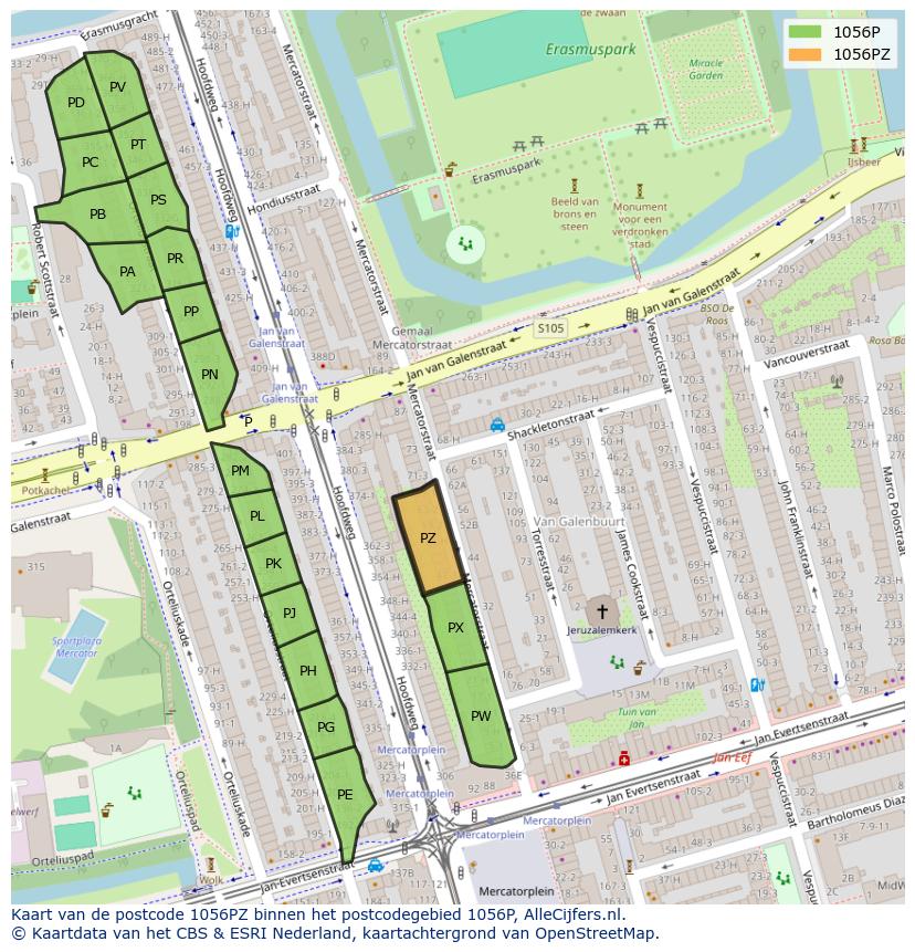 Afbeelding van het postcodegebied 1056 PZ op de kaart.