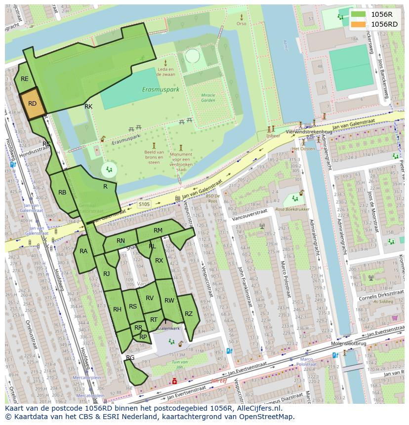 Afbeelding van het postcodegebied 1056 RD op de kaart.