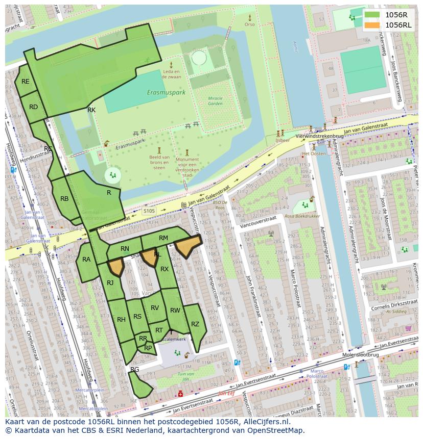 Afbeelding van het postcodegebied 1056 RL op de kaart.
