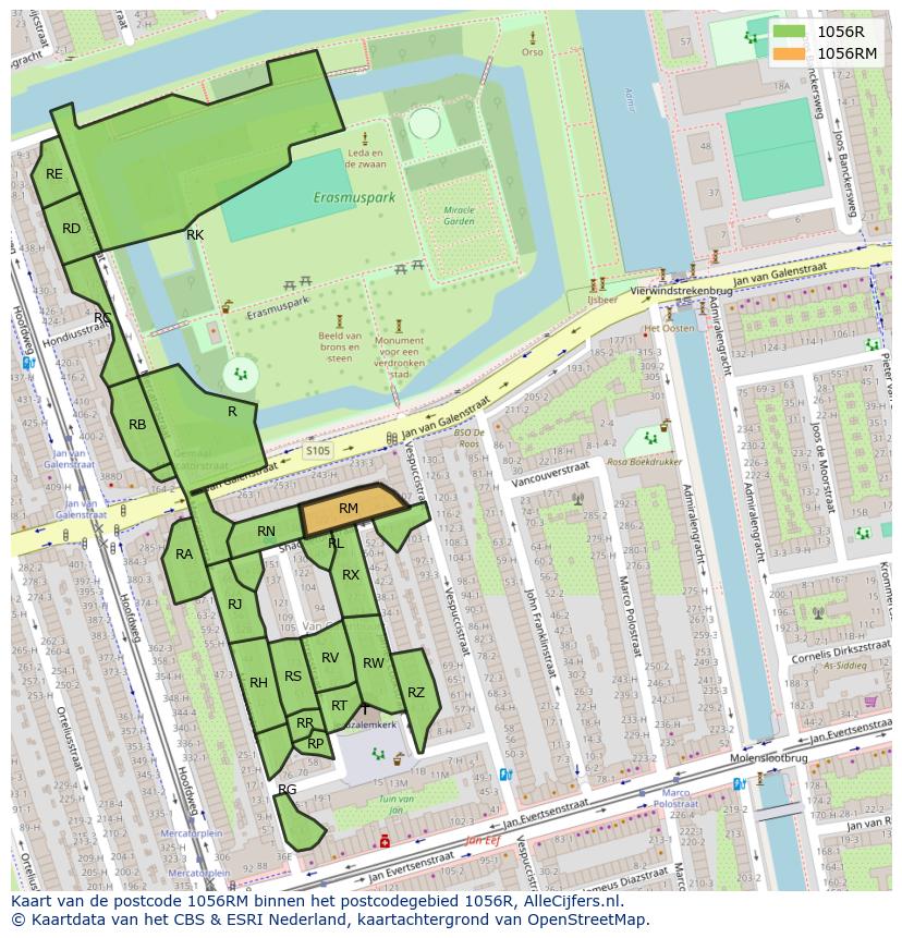 Afbeelding van het postcodegebied 1056 RM op de kaart.