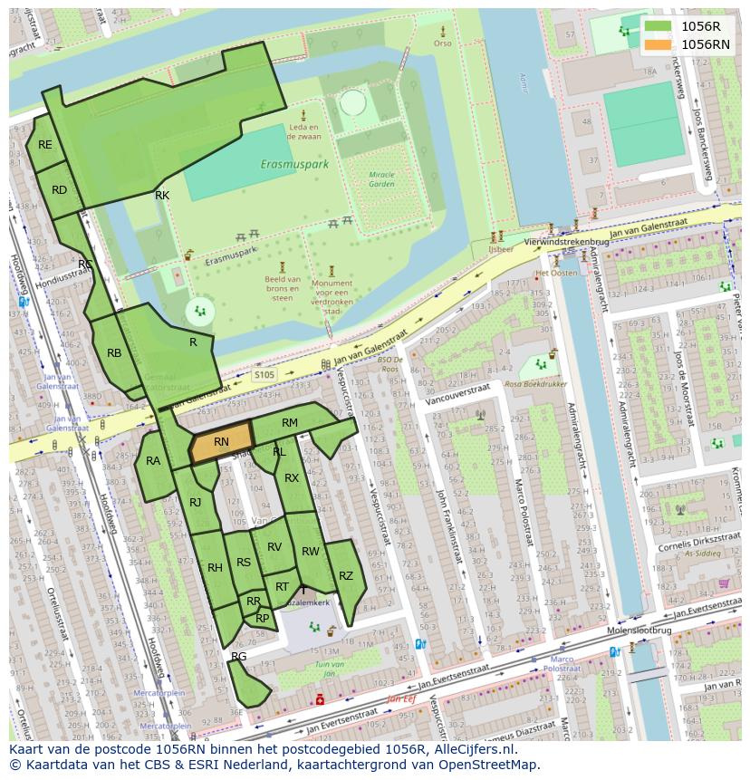 Afbeelding van het postcodegebied 1056 RN op de kaart.