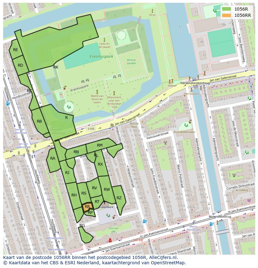 Afbeelding van het postcodegebied 1056 RR op de kaart.