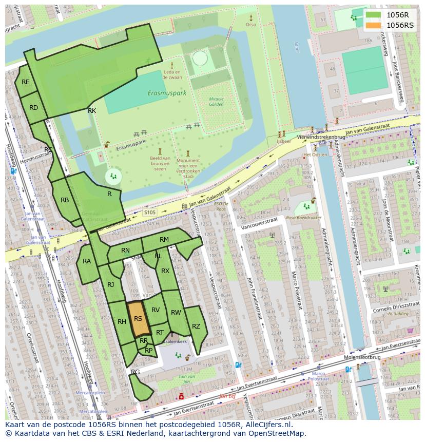 Afbeelding van het postcodegebied 1056 RS op de kaart.