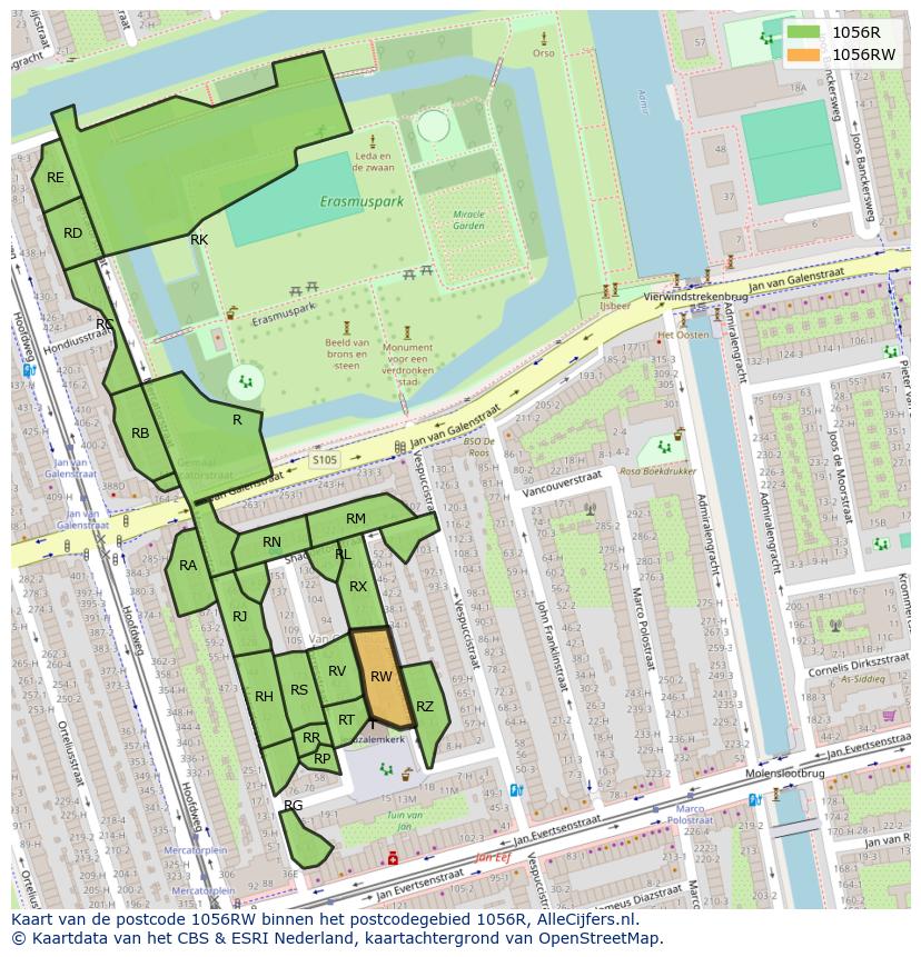 Afbeelding van het postcodegebied 1056 RW op de kaart.