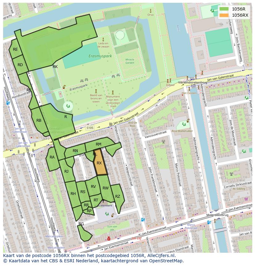 Afbeelding van het postcodegebied 1056 RX op de kaart.
