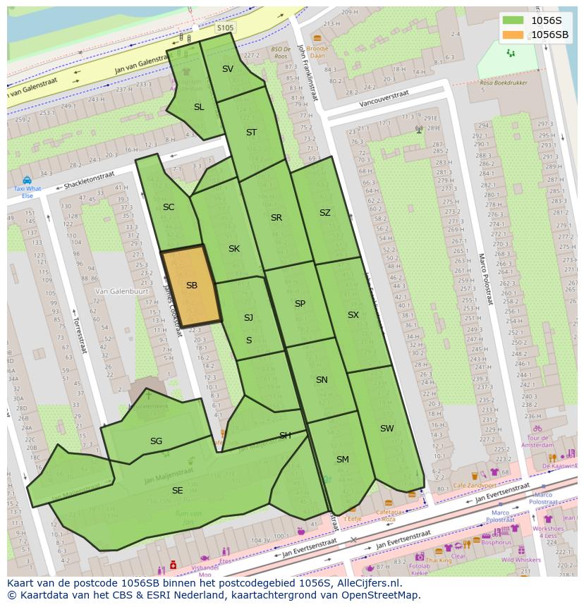 Afbeelding van het postcodegebied 1056 SB op de kaart.