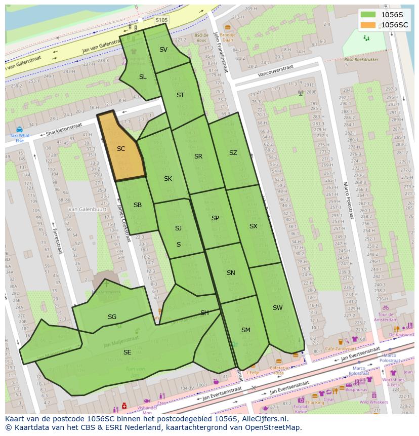 Afbeelding van het postcodegebied 1056 SC op de kaart.