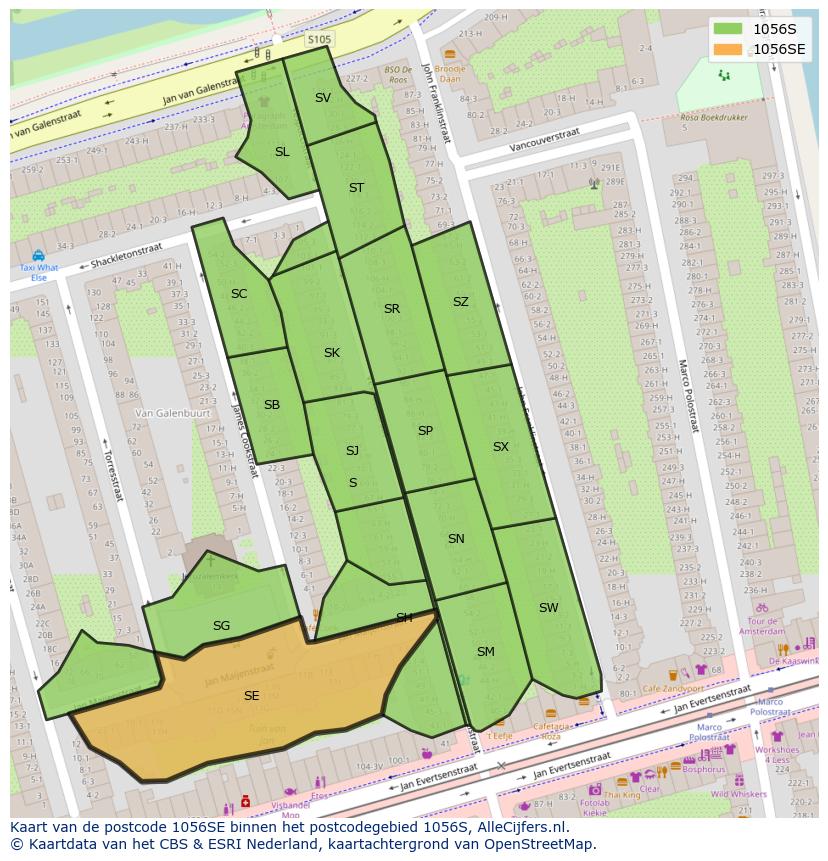 Afbeelding van het postcodegebied 1056 SE op de kaart.