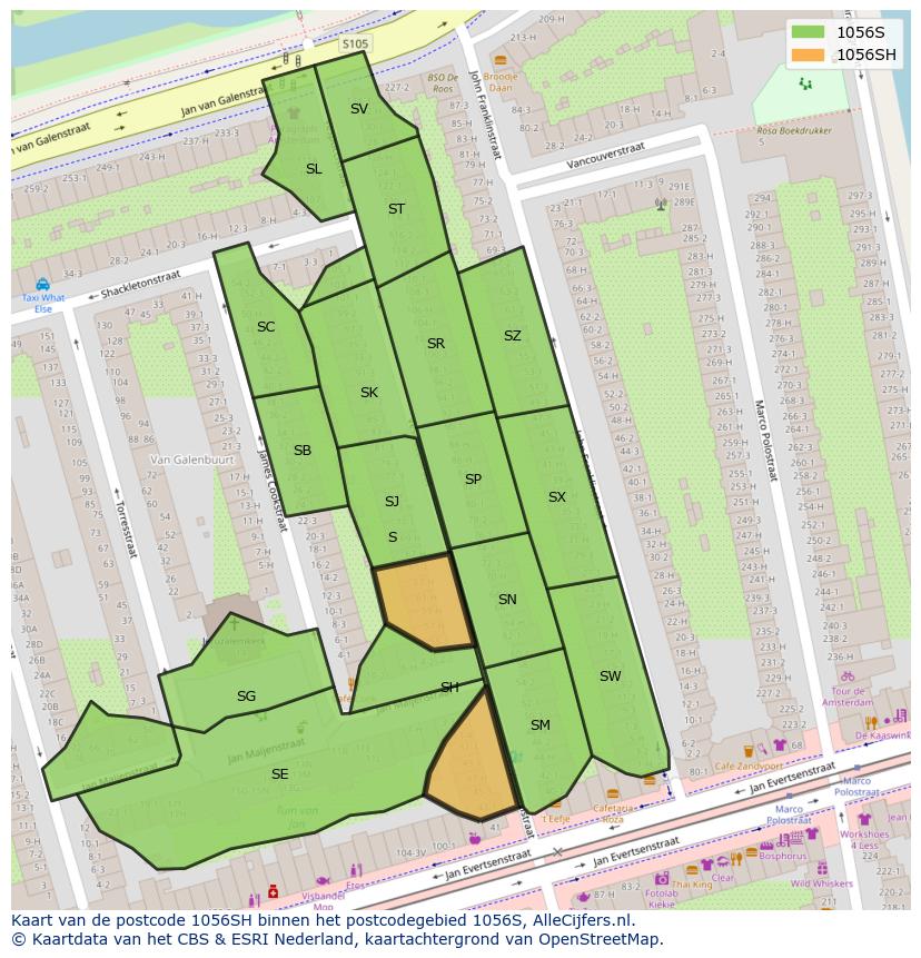 Afbeelding van het postcodegebied 1056 SH op de kaart.