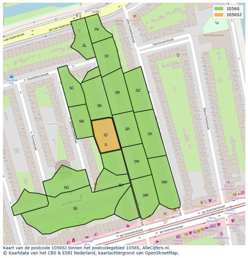 Afbeelding van het postcodegebied 1056 SJ op de kaart.