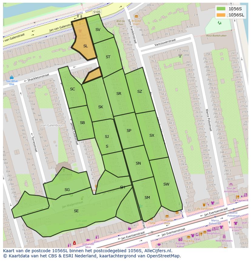 Afbeelding van het postcodegebied 1056 SL op de kaart.