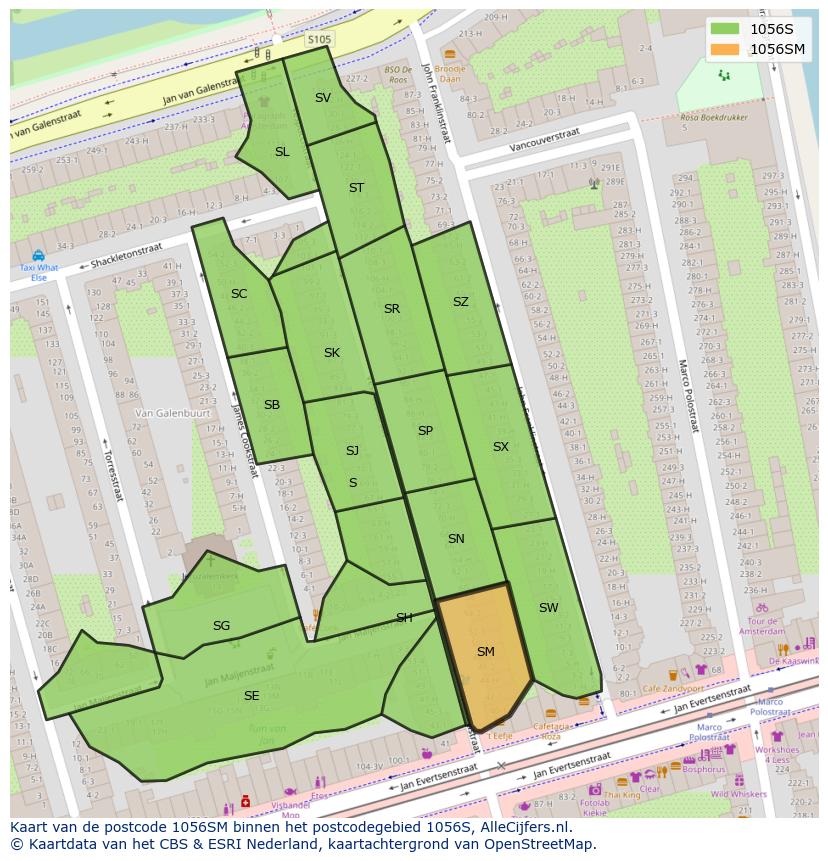 Afbeelding van het postcodegebied 1056 SM op de kaart.