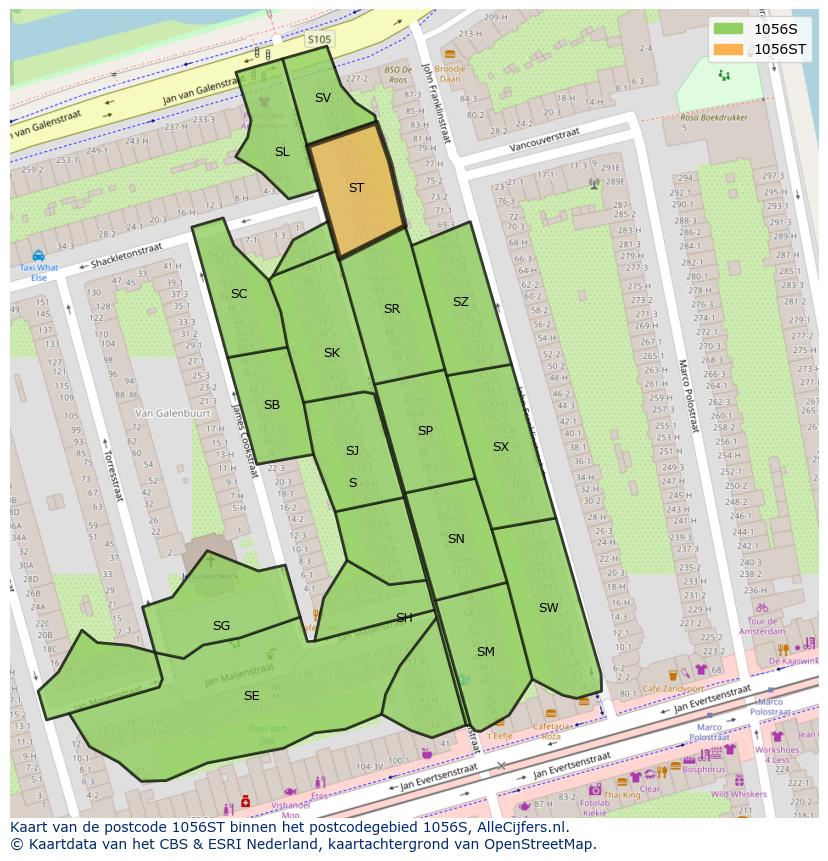 Afbeelding van het postcodegebied 1056 ST op de kaart.