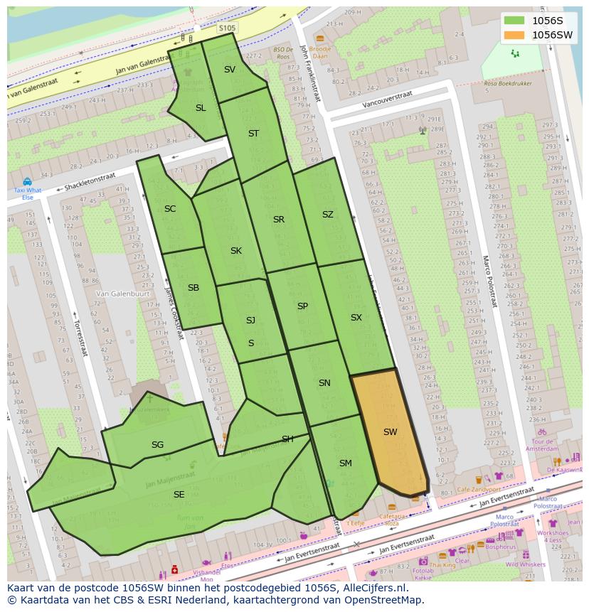 Afbeelding van het postcodegebied 1056 SW op de kaart.