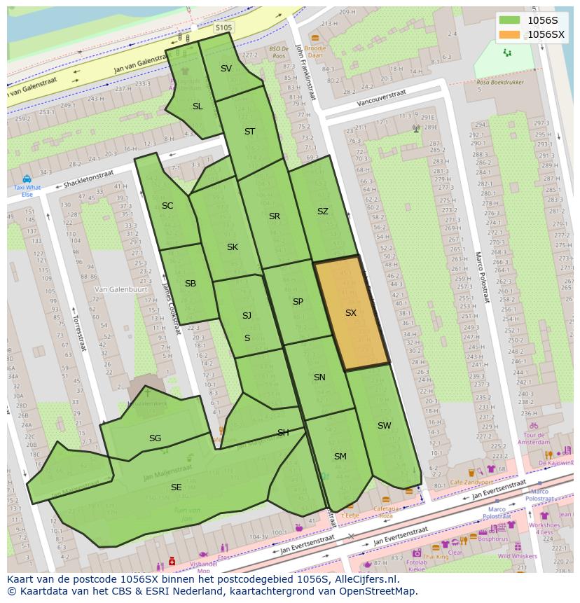 Afbeelding van het postcodegebied 1056 SX op de kaart.