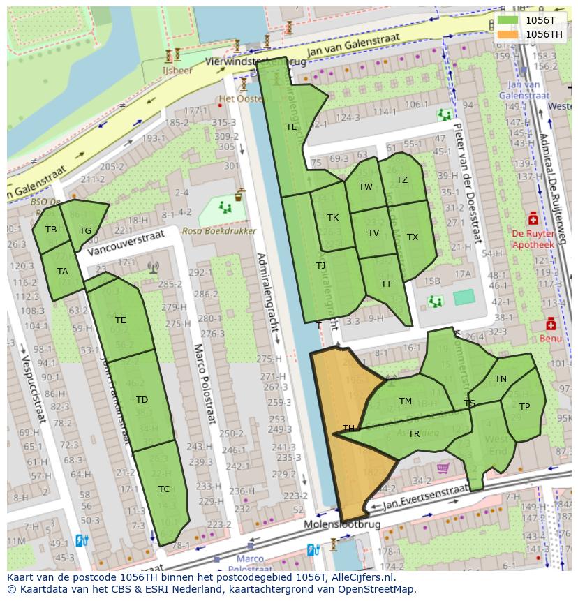 Afbeelding van het postcodegebied 1056 TH op de kaart.