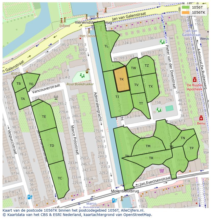 Afbeelding van het postcodegebied 1056 TK op de kaart.