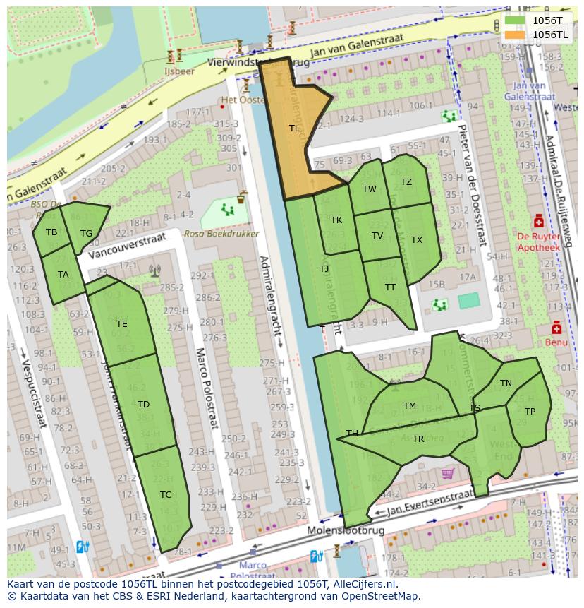 Afbeelding van het postcodegebied 1056 TL op de kaart.